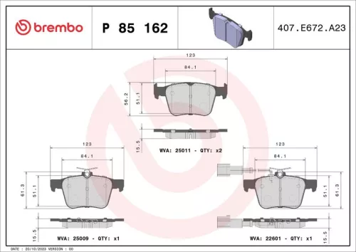 BREMBO Brake Pad Set, disc brake (P 85 162)