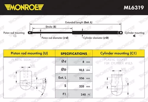 MONROE Gas Spring, bonnet (ML6319)